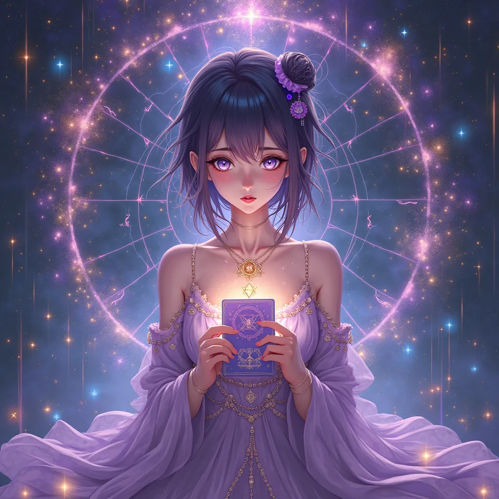 anime Woman, Gamer, Astrology, Purple Color, tarot card, wearing a purple themed dress,