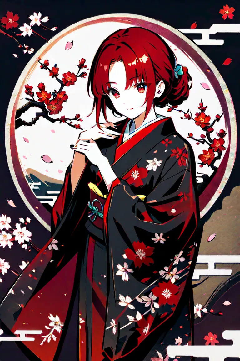  ink painting、stands under a plum tree、古い質感の ink painting、(Saturation:-1.5)、The girl has red hair in a twin tail、red eyes、 Beautiful White Skin、A girl wearing a beautiful black kimono、The kimono has a beautiful pattern with plum blossoms and cherry blossom...