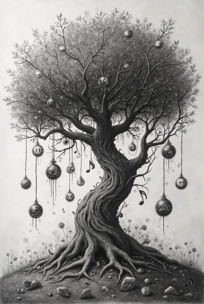 Generate a graphite pencil illustration of a surreal tree with fruits of musical notes
