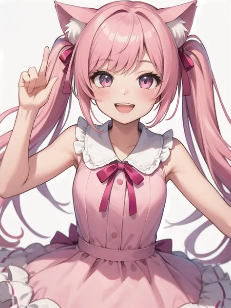 Best quality, high resolution, detailed, beautiful image quality, one girl, cute frilly dress, pink dress, pink hair, long twin tails, cat ears, lolicon feel, smiling face, happy pose, white room,