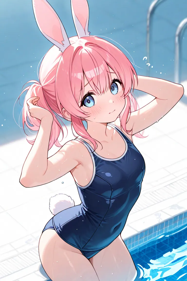  girl、pink hair、 long、light blue eyes、Rabbit Ears、 rabbit tail、school swimsuit、 pool、shy