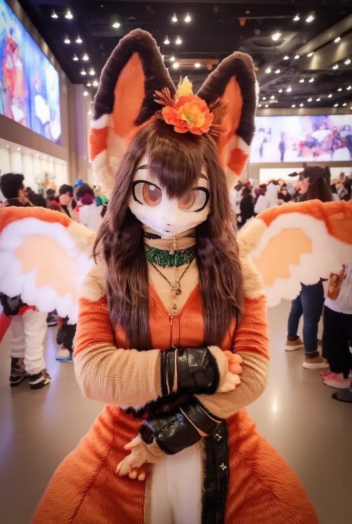 posing cute autumnal fennec fox girl, long dark brown hair, orange flower crown, eyeshadow, orange eyes, in a convention centre, crossed arms, angel wings, close-up