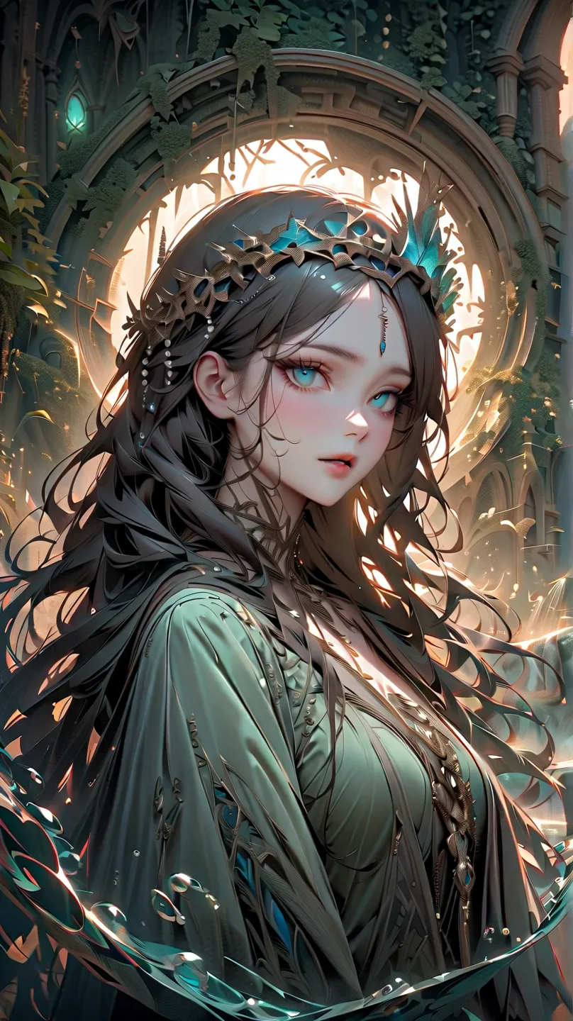 Celtic goddess Li Ban submerged in a moonlit glacial lake. Pale, almost translucent skin with faint blue-gray undertones, long hair like drifting seaweed (muted green-black), tangled with freshwater pearls and algae. Tattered silver-gray robes dissolving i...