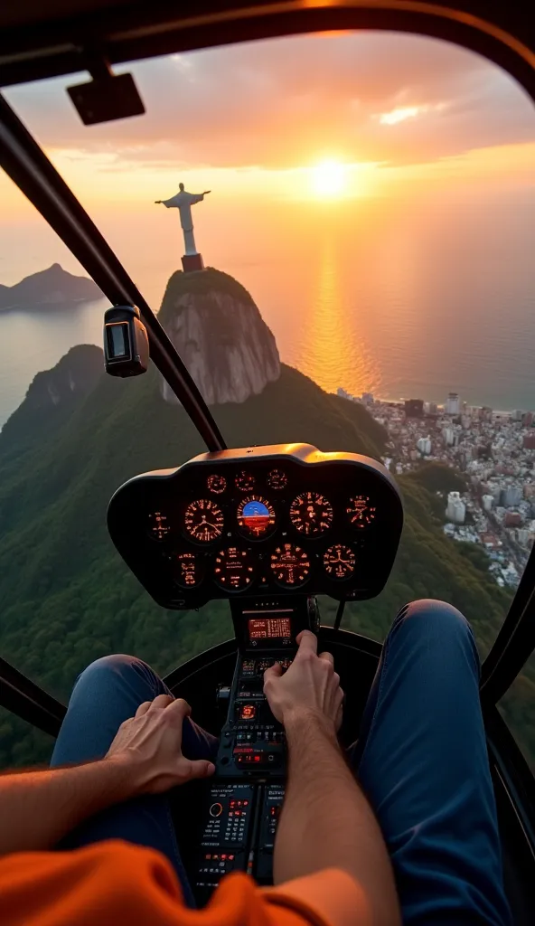 "First-person POV from inside a helicopter flying low over Rio de Janeiro at sunset, with the pilot's hands gripping the control stick in the foreground. The intricate cockpit is filled with illuminated analog dials, switches, and navigation screens reflec...