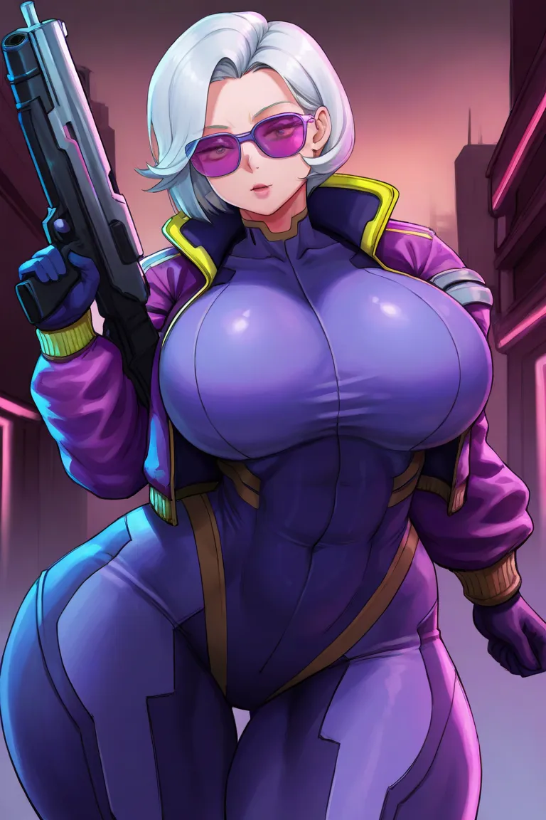 White hair赛博朋克动漫高冷熟女，Japanese cyberpunk，8 K, weapons、gun、 short hair、持gun、Tinted glasses、Gloves、sunglasses、持gun、 purple glasses 、jacket、White hair、outdoor，very very big and huge bosom，Big and Big to Terrifying Huge Bosom，Invincible Mature Beauty，tight one-...