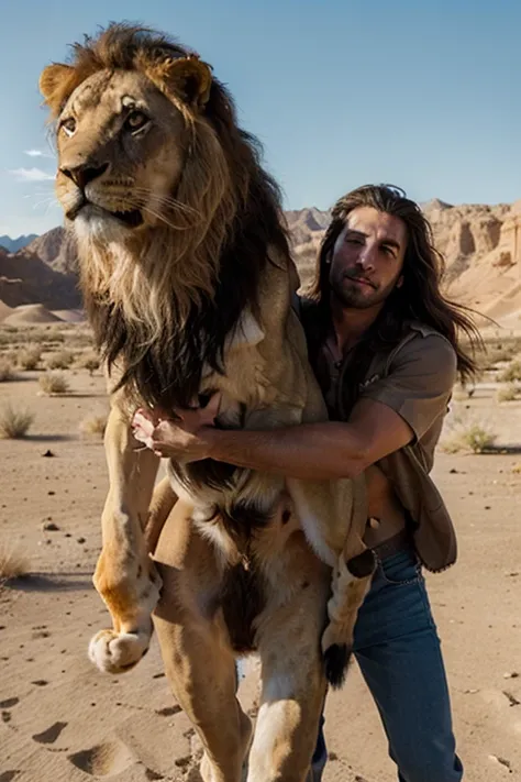 a man riding a manly long-haired male lion , facing the camera in the desert