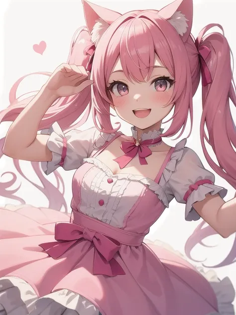 Best quality, high resolution, detailed, beautiful image quality, one girl, cute frilly dress, pink dress, pink hair, long twin tails, cat ears, lolicon feel, smiling face, happy pose, white room,