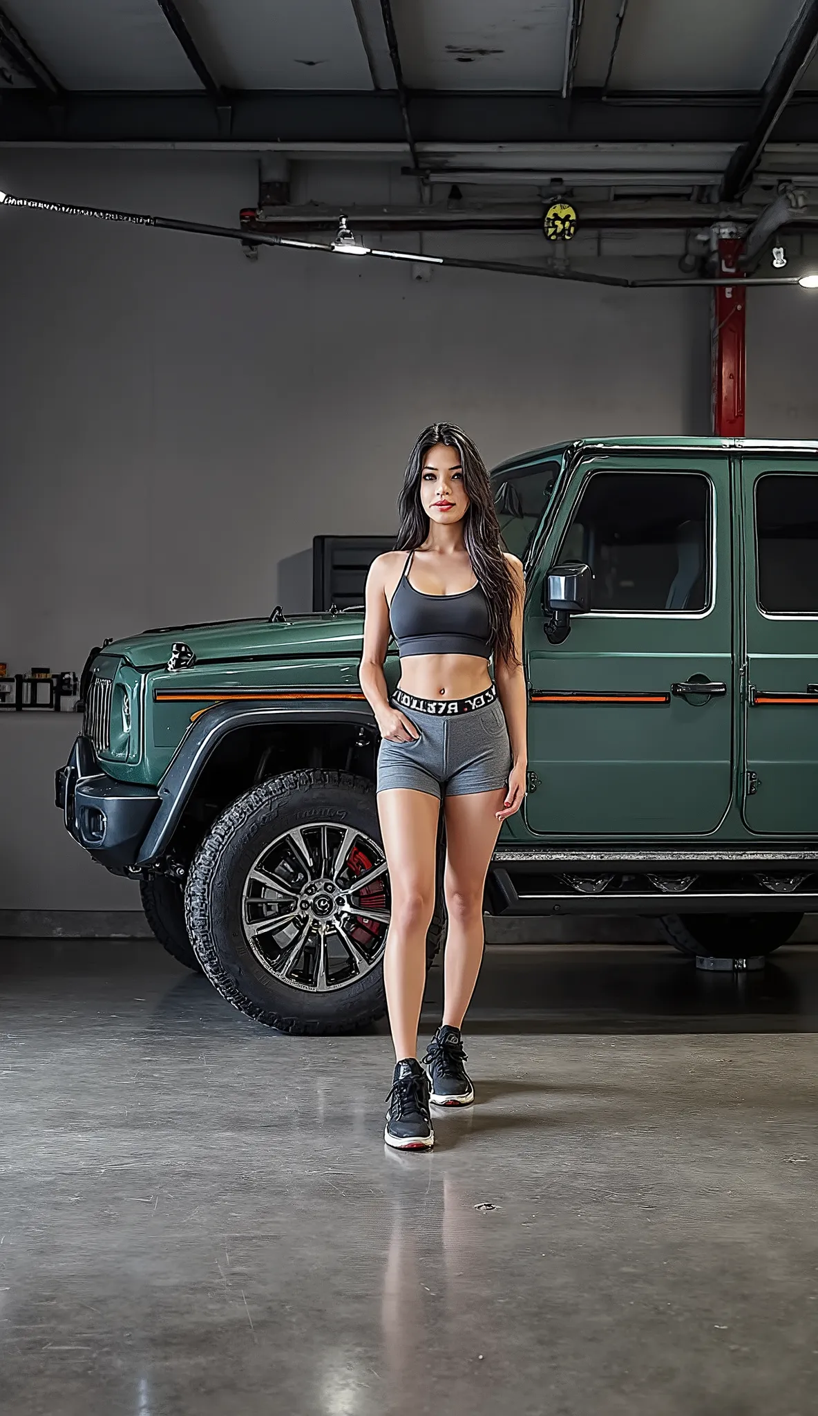 A stunning, fit young woman with long, silky black hair stands confidently next to a rugged, military-green Jeep Wrangler inside a modern industrial garage. She has a sharp, captivating gaze, high cheekbones, and a toned physique. Her skin is smooth and na...