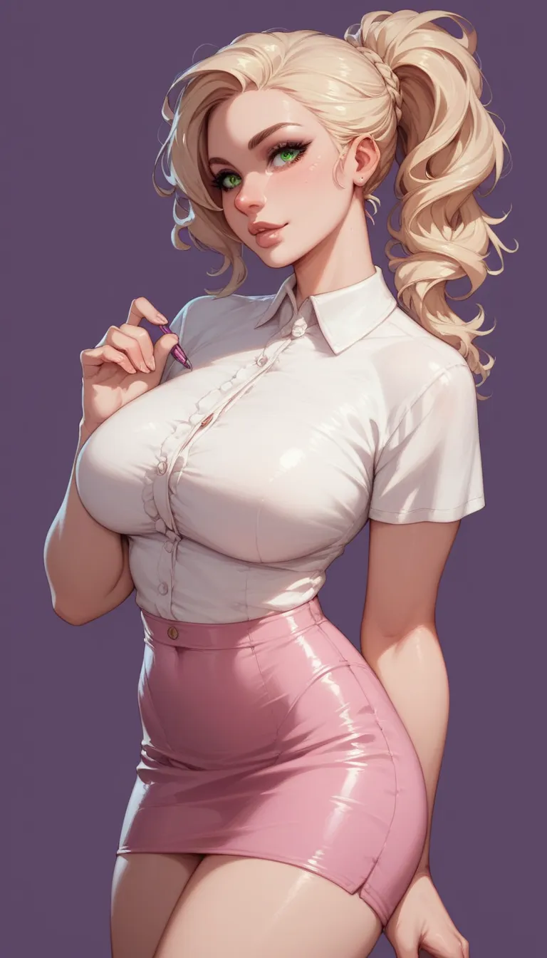  Long-haired, blond woman , Fair skin, she wears a loose hairstyle with a ponytail top, green eyes, very big breasts, wears a tight white blouse and a round pink skirt. Flat dark purple background. hip up image. Person in front 