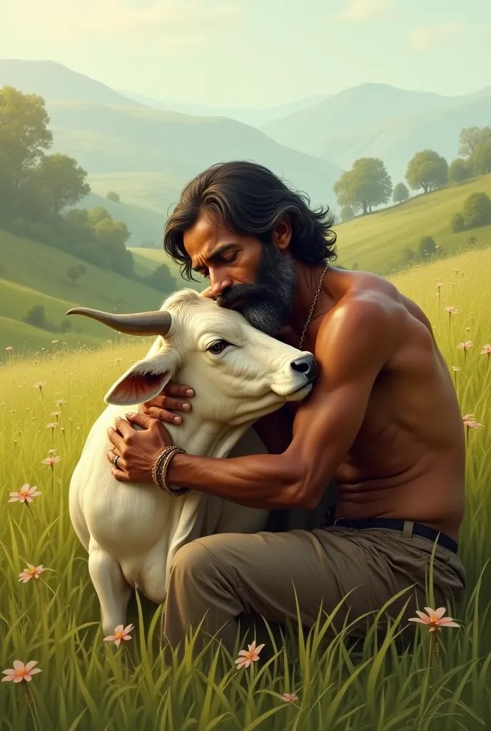 Show the indian farmer comforting the cow , while the background displays the rural setting with green grass and scattered trees . The atmosphere should gradually calm down .