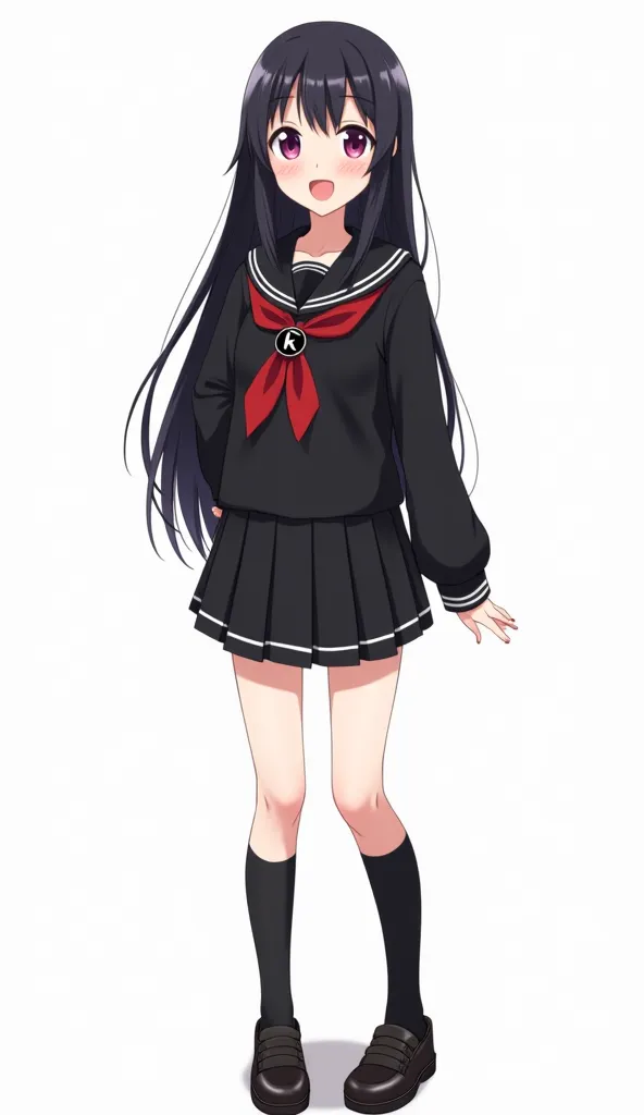 Japanese anime age woman with long straight black hair and intense magenta eyes and wears a Japanese-style school uniform,  Known as  "Seifuku". It consists of a long-sleeved black blouse with a sailor-like collar adorned with white lines.  In the center o...