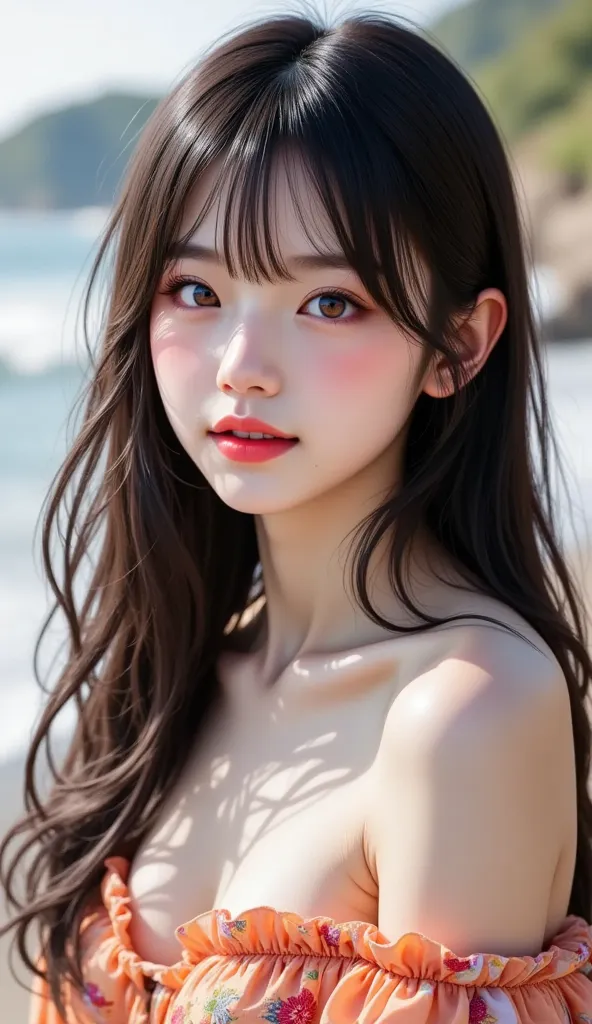 high resolution,  super high quality, 32K, surreal,  realistic photo :1.37,  beautiful woman, , Beautiful details ( eyes, Long eyelashes, Lips), , and her hair,  bangs:1.3, Ji Qie, puppet, Charming Smile, Half open mouth, Head tilt, Light blue, Rift, Middl...