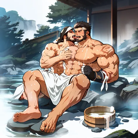 high detail,perfect body proportions, masterpiece,two muscle boys, mature male,kiss,short black hair, white streak, Gloves, Topless , scar, biceps , right arm tattoo,beard, manhood , full body,Sweat,Lying down,On the bed,Sit on your abs,breast licking ...