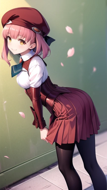 masterpiece, the best quality,  highres, bbmomo, short hair, beret, red headdress, short tie,  white shirt, corset, red skirt, black tights,  of foot,  exterior,   cherry blossoms , with arms behind your back,  leaning forward ,   smile,