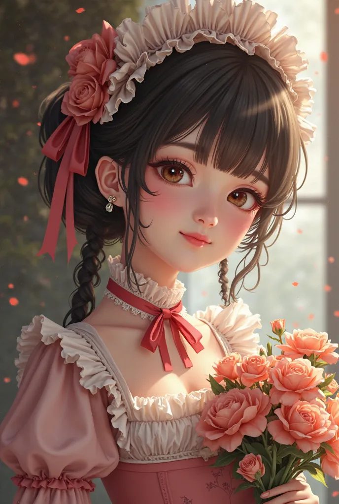 a close up of a woman in a dress and hat holding flowers, a portrait inspired by Leng Mei, trending on cg society, rococo, anime girl cosplay, anime cosplay, sakimichan, high quality costume, sakimichan frank franzzeta, cosplay, cosplay of a catboy! maid! ...