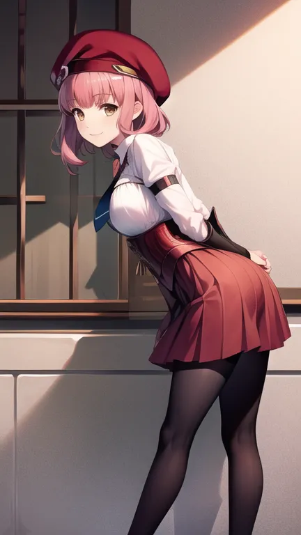 masterpiece, the best quality,  highres, bbmomo, short hair, beret, red headdress, short tie,  white shirt, corset, red skirt, black tights,  of foot,  exterior,   cherry blossoms , with arms behind your back,  leaning forward ,   smile,