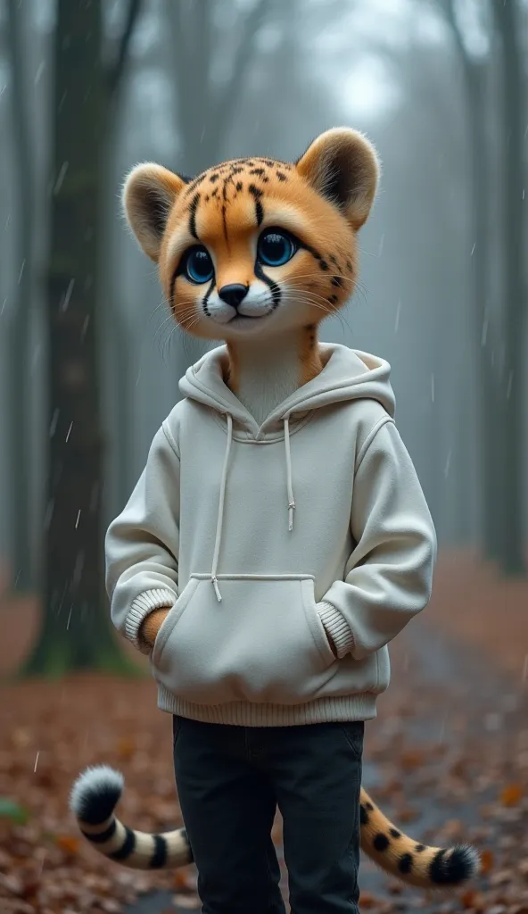 Female cheetah、adult woman、cute、Very Short、furry arms、furry legs、furry face、furry、 Big Blue Eyes 、 cheetah ears、Cheetah tail、Big Breasts、slender、 Slim、wearing a white hooded hoodie、not wearing a hood、wearing long black pants、high quality、it's raining in th...