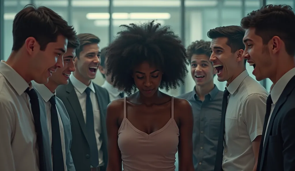 black woman with her head down sad, with several white boys laughing at her, the environment is a company