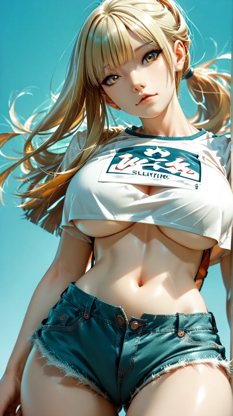 1girl,solo，Blue Background，huge breasts, crop top, short shorts, underboob, High Ponytail，Unbelievably long hair，cowboy shot,,looking at viewer，Simple style，wide angle,Dynamic Angle，(bangs_pinned_back:1.5),(head_tilt:1.7),(cuvrybody:1.1)，Lively posture，Fro...