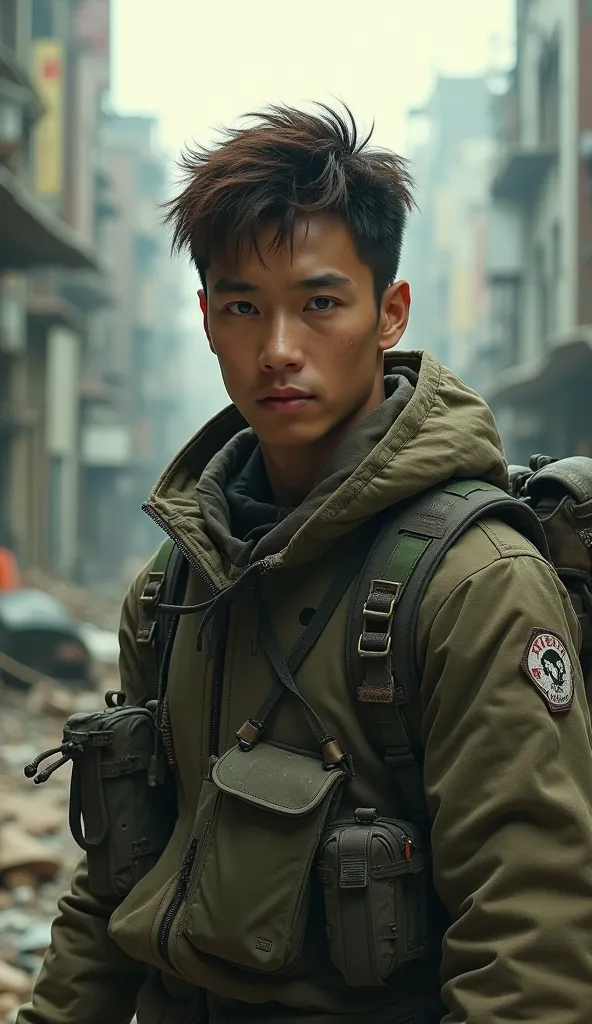 young Asian man with brown hair and green eyes, Dressed for an Apocalypse