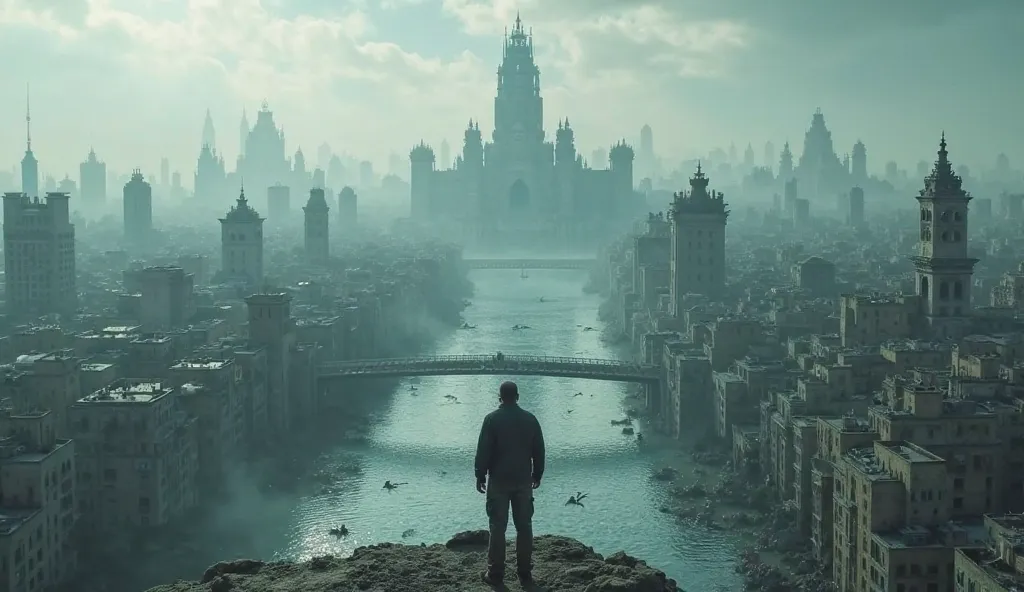 A man stands on a high place and from above he sees the whole city. As the water engulfs the city, the whole city is submerged. A few tall buildings can be seen on top of them, and all around is water and water and a few clouds in the sky. In front of him,...