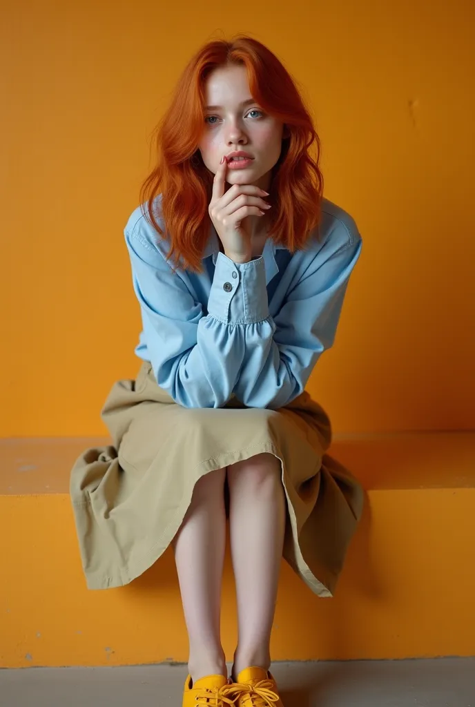 Amazing cinematic studio portrait, photography, amazing hyper details, Hasselblad H6D-100c, pensive redhead 20 years old girl, wearing light blue shirt and khaki Skirt, yellow color sneakers, sitting on a wall in concrete orange color , arms crossed with h...