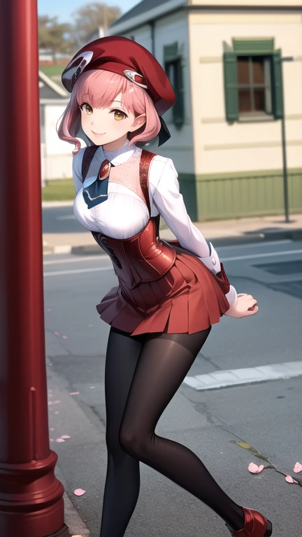 masterpiece, the best quality,  highres, bbmomo, short hair, beret, red headdress, short tie,  white shirt, corset, red skirt, black tights,  of foot,  exterior,   cherry blossoms , with arms behind your back,  leaning forward ,   smile,