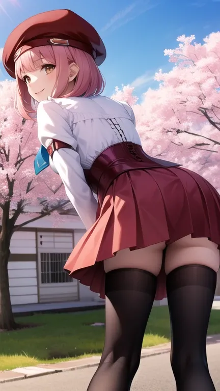 masterpiece, the best quality,  highres, bbmomo, short hair, beret, red headdress, short tie,  white shirt, corset, red skirt, black tights,  of foot,  exterior,   cherry blossoms , with arms behind your back,  leaning forward ,   smile,