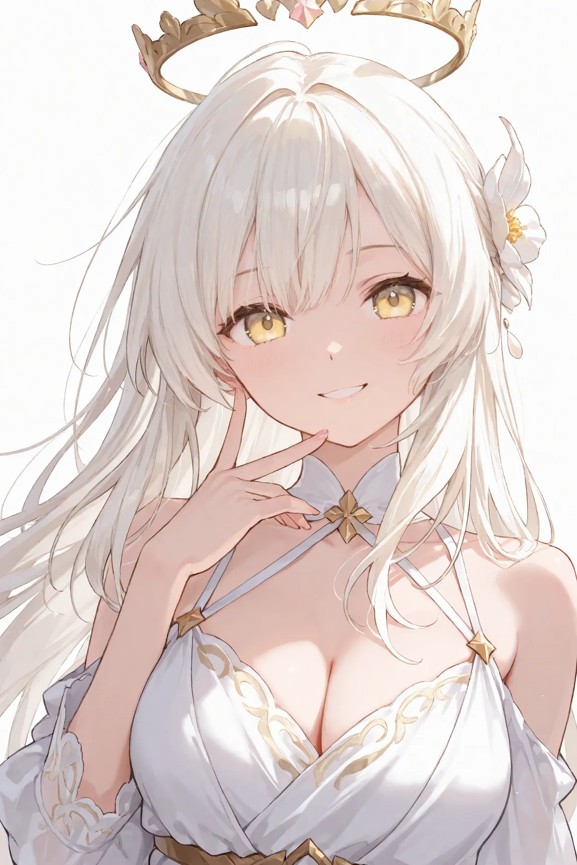 Woman with long white hair and light yellow eyes、 smiling 