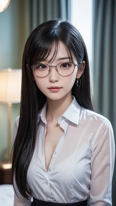 top quality, only one Japanese person in the world with beauty and beauty.20th Generation.Chest B90 cm, face, top quality, style, secretary、glasses、perfection、hotel rooms on top of two、lure、shy expression、、 night light 