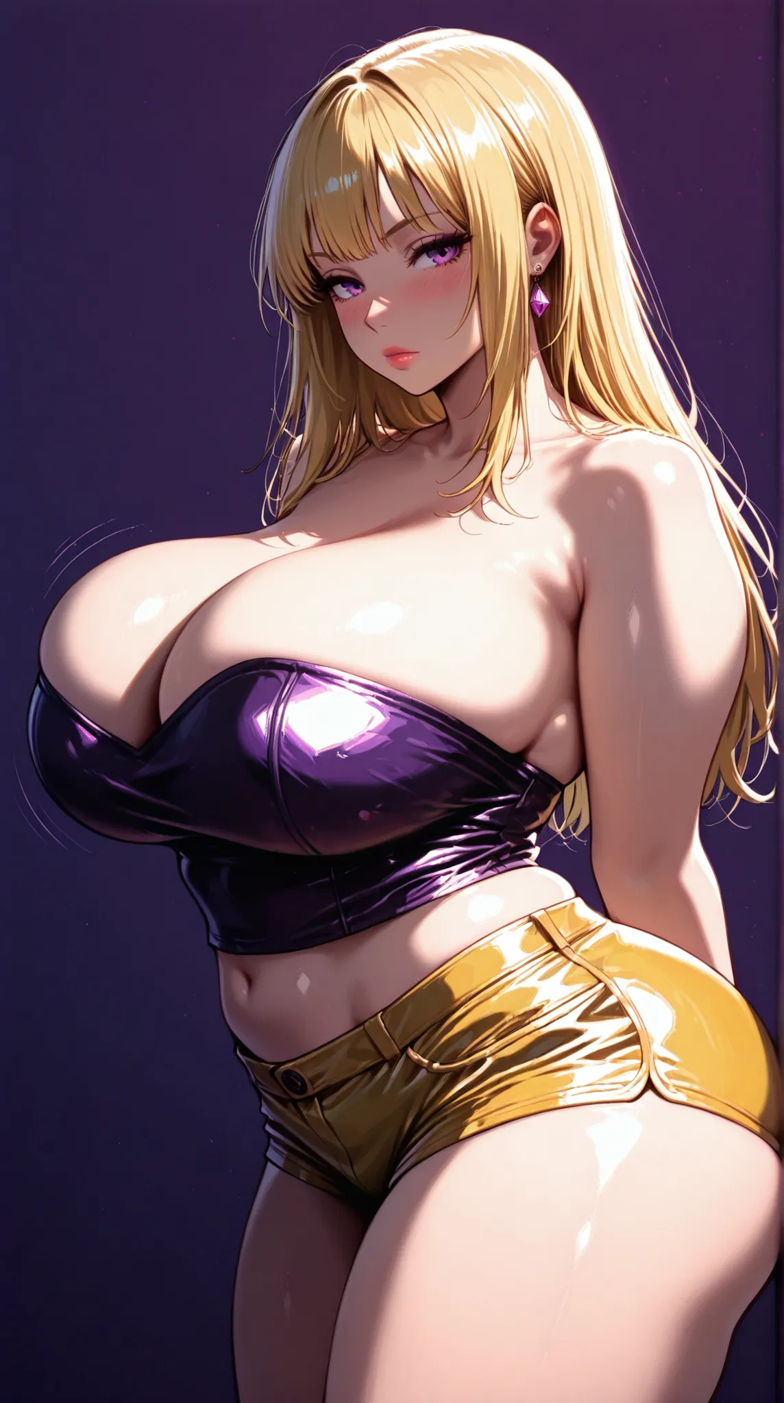 ((Best resolution)), ((high quality:1.2)), Work of art, 8k, extremely detailed, ((High detail:1.2)), Solo, asian girl, (yellow mini-shorts, crop strapless), (beautiful perfect face:1.23), Kizi，(eyes looking off to side), Highly detailed, Amazing work，Vitre...