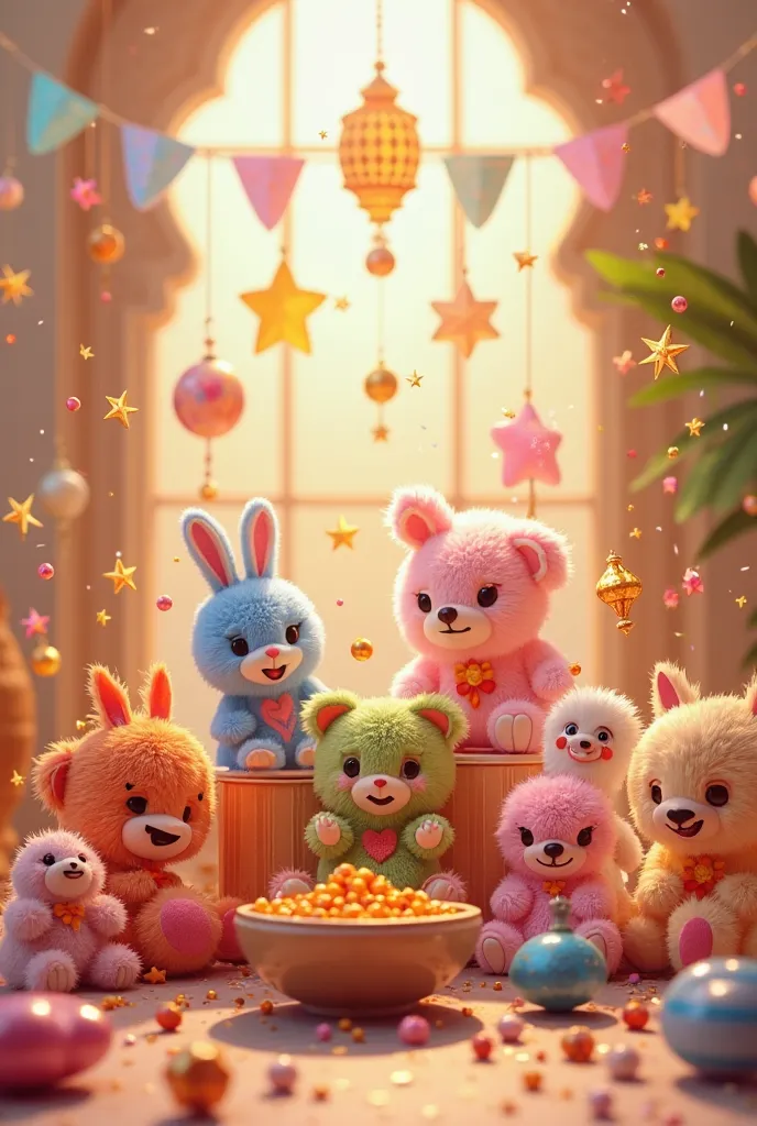 A picture of Eid al-Fitr celebrations, where Eid toys are scattered around a base in the middle, surrounded by an atmosphere of joy and happiness