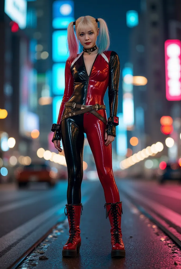 Harley Quinn image, ((full-length portrait, standing, feet on the floor)) straight, looking at viewer, BREAK, Harley Quinn image, Blood Crimson lips, Harley Quinn's costume is too revealing, pale blue eyes, Flashy makeup, Crimson lips, Exposed tight bodysu...