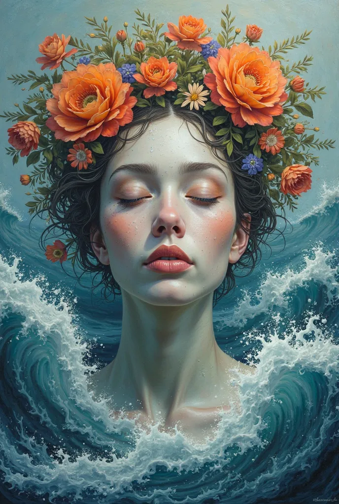 Women abstract face with flowers on the head and splashing sea waves below her face