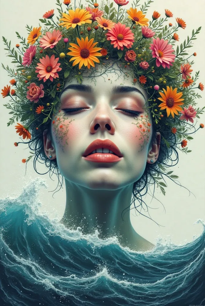 Women abstract face with flower garden on the head and splashing sea waves below her face