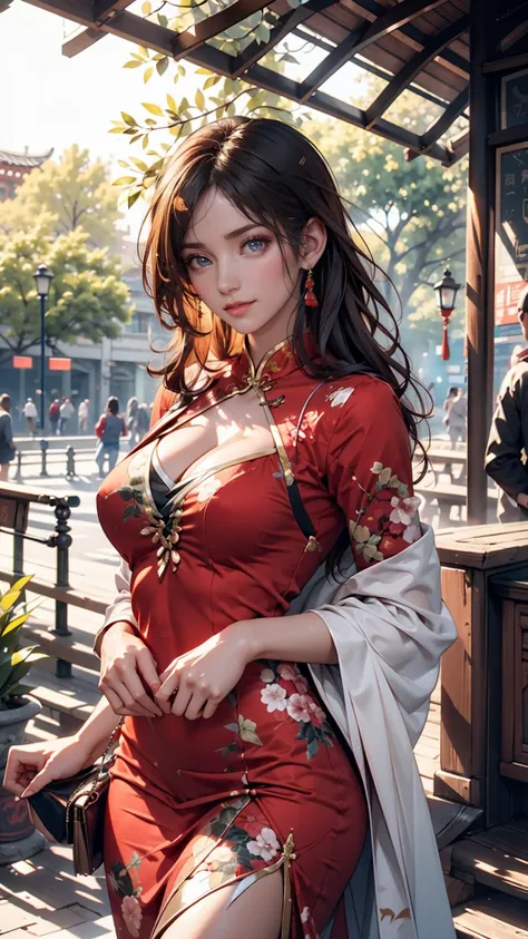 1 girl who died,origin,cowboy shooting,closed mouth, China dress in the park during the daytime, light smile,, simple background,