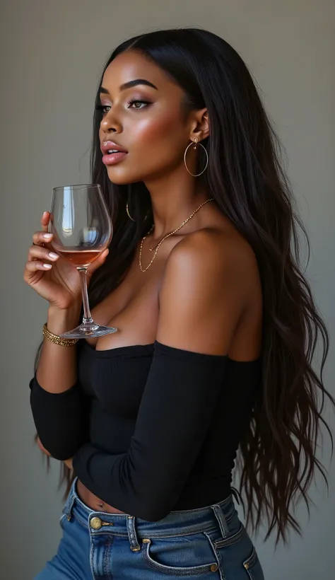 a beautiful black woman, Young,  large hoop earring , big breasts, long hair, hourglass-shaped body,  drinking a glass of wine. gray background for cropping. high definition 16k