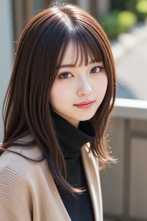 The face is positioned exactly in the center of the image , 's entire head is fully reflected , Face clearly visible、 black sweater, car, long hair、bungs, smile, young and cute japanese face , Official Art, high image quality during sick leave CG Unity 8k ...