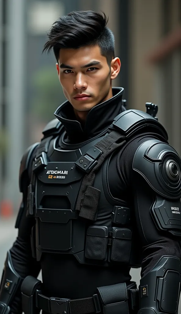 22 years old handsome guy light skin black hair and muscular dressed in black combat suit 