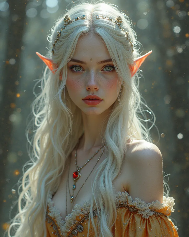 Portrait of a girl wearing a royal dress, a red British man, long opal hair, pale topaz eyes, bright red lips like a ruby, white skin, looking out towards Russia, half-human and elven.