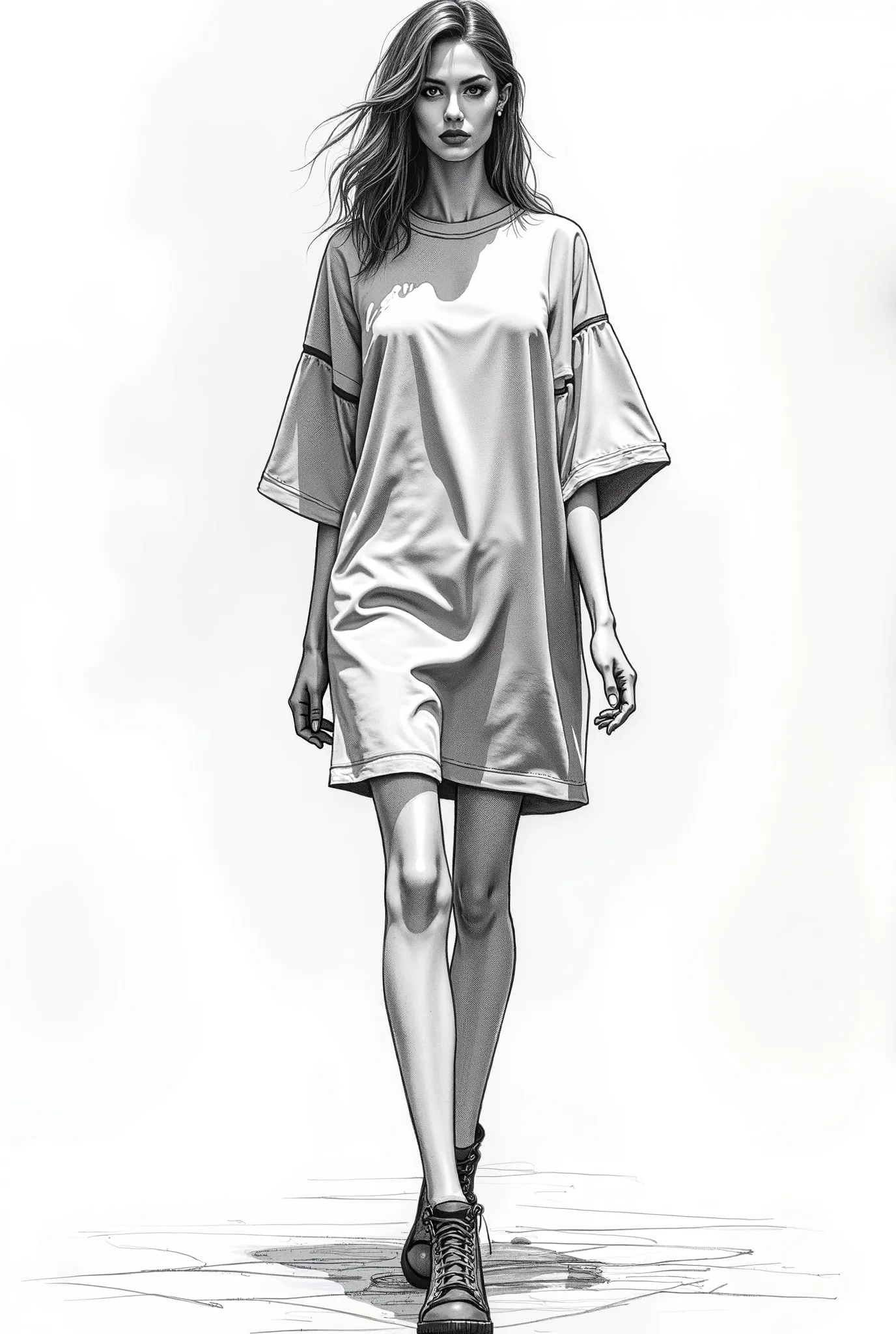 "Create a handmade fashion sketch, With pencils, in the women's streetwear style, mas with a modern dress e descolado. The model must be wearing a dress, inspirado no streetwear, like an oversized dress or t-shirt dress, with details such as wide sleeves, ...