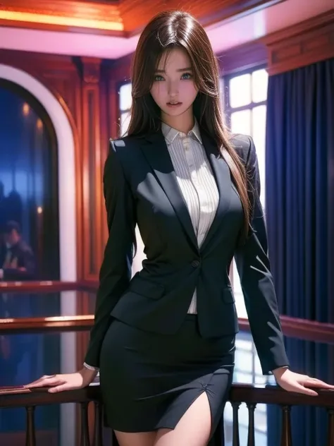   top quality ,   realistic ,   tall very detailed  , finely,   High Resolution,  8k Wallpaper,    Aquarium Building Beauty  ,,   light brown disheveled hair ,   wearing a business suit ,Wearing a slit skirt   、   sharp concentration,    perfect dynamic co...