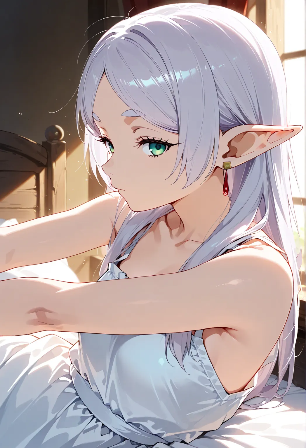 best quality, masterpiece, highres, solo, (frieren_sousounofrieren:1.10), 1girl, closed mouth, elf, upper body, white dress, collarbone,hair down, expressionless, looking at viewer, profile, sleeveless dress, anime_style, 28 Waking up, lying down, stretchi...