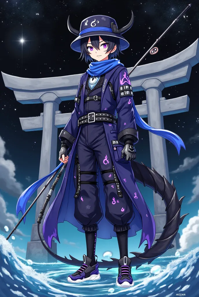 A tall young man with a sleepy face, black dragon scale patterns on both cheeks, fair skin, wearing a bucket hat with white stars, wearing a white moon necklace, purple eyes with blue pupils, black hair with black oriental dragon horns, wearing a high-tech...