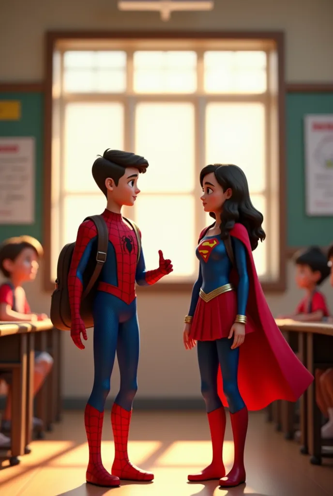 A 3D semi-animated scene from the perspective of a teacher, looking directly at a young Spider-Man and a young Superwoman, both around , standing in the doorway of a classroom and facing the camera. Spider-Man is in his classic red and blue suit with webbi...