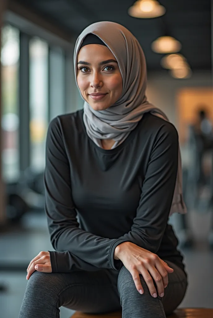 there is a woman with hijab And baseball shirtssitting on a bench in a gym, a picture inspired by Nazmi Ziya Güran, instagram, hurufiyya, in a gym, workout, cottagecore!! fitness body, working out, 🕹️ 😎 🔫 🤖 🚬, taken in 2 0 2 0, in shape, with abs, serena m...