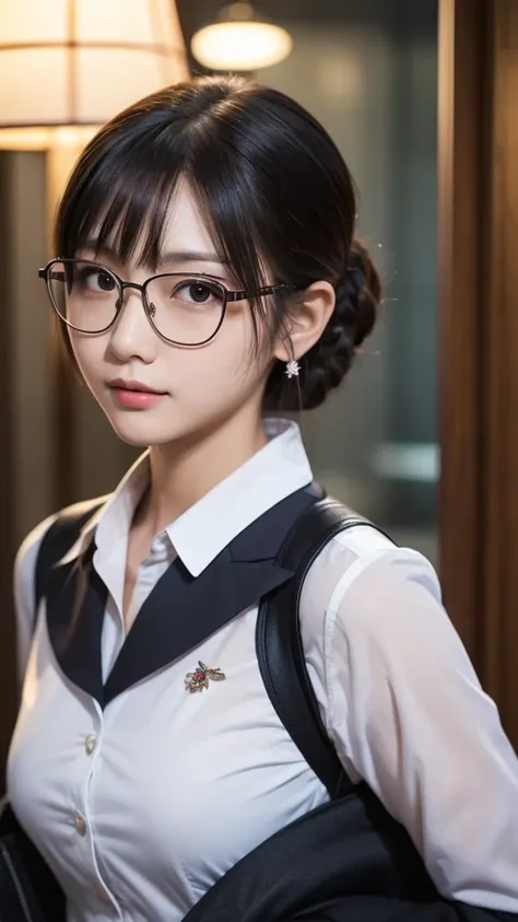 top quality, only one Japanese person in the world with beauty and beauty.20th Generation.B87 cm chest、face also top quality、Style perfection、secretary、glasses、stretch shot、hotel rooms on top of two、lure、shy expression、 night light 