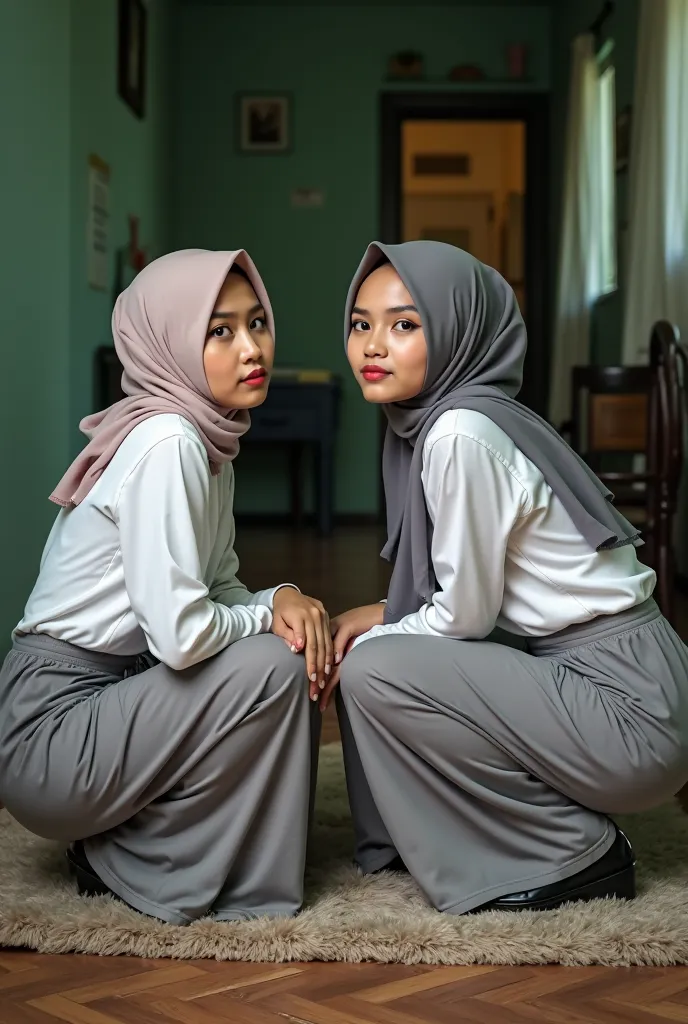 close-up half-body shot in cowboy style photoshoot, view of 2 young indonesian girls wet clotes look at viewer with different body shapes squating face to face with prominent buttocks raised,ass up wait, wearing hightight long skirts in  livid grey, and hi...