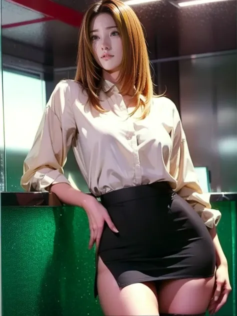   top quality ,   realistic ,   tall very detailed  , finely,   High Resolution,  8k Wallpaper,    Aquarium Building Beauty  ,,   light brown disheveled hair ,   wearing a business suit ,Wearing a slit skirt   、   sharp concentration,    perfect dynamic co...