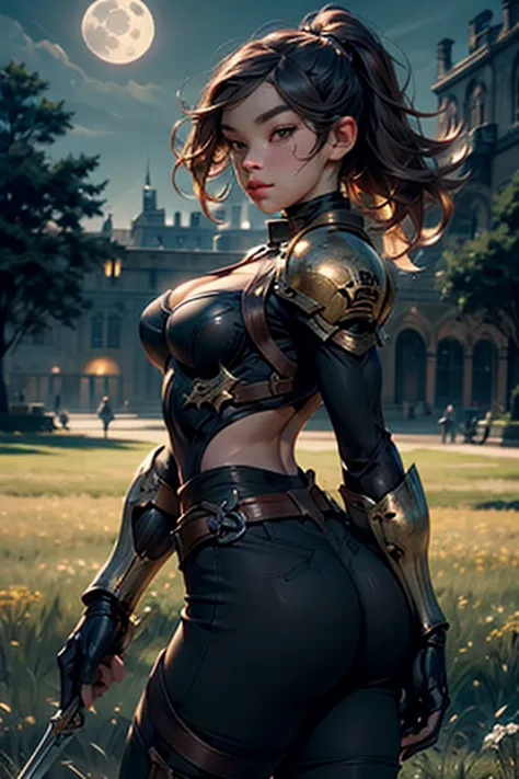 Medieval female warrior princess, (Hailee Steinfeld),ha1leest-smf, beautiful face, form fitting heavy armor(black and gold), athletic physique, exposed thighs, breast plate, short black hair, hazel eyes, cleavage, background open field, beautiful detailed ...